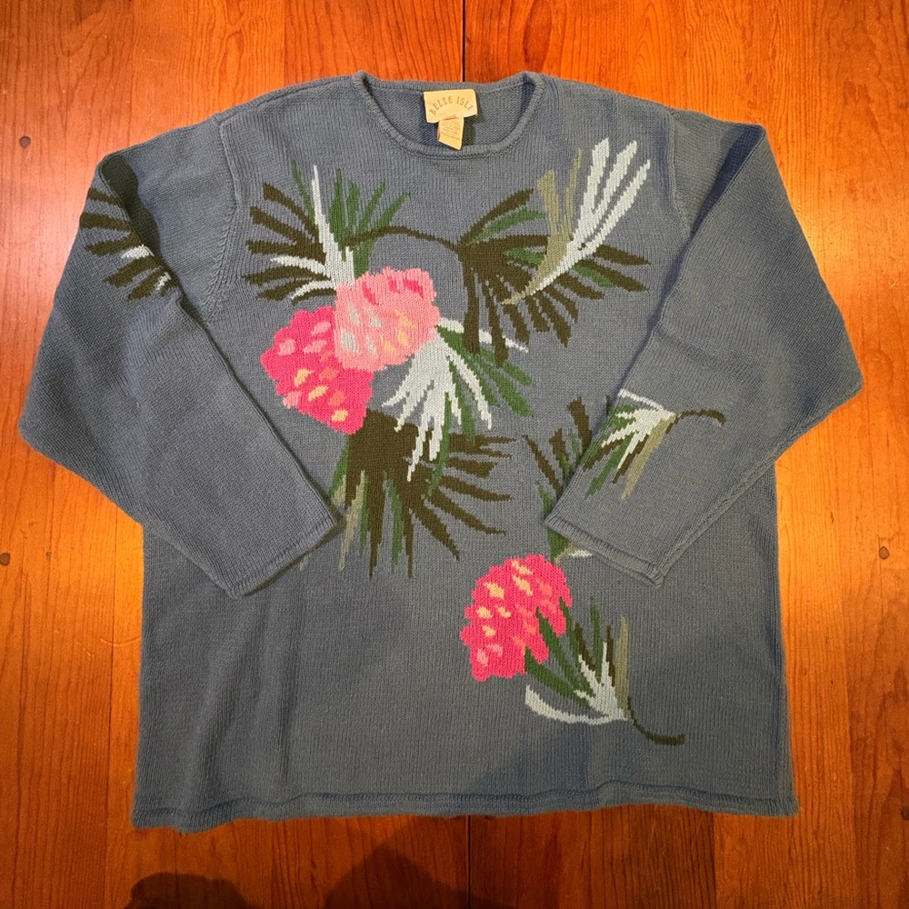 Vintage Belle Isle Women Blue  Floral Pullover Sweater Size 1X
